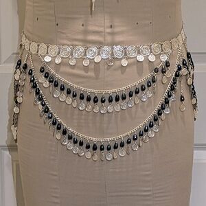 NWT Beckwoman XXL Silver Plated Belly Dancing Coin Belt with Deep Blue Beads